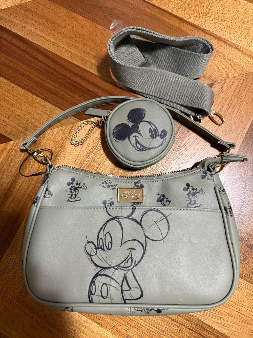 Disney Mickey Mouse Olive Green Sketch Crossbody Bag Purse Gold Zipper - Picture 3 of 7